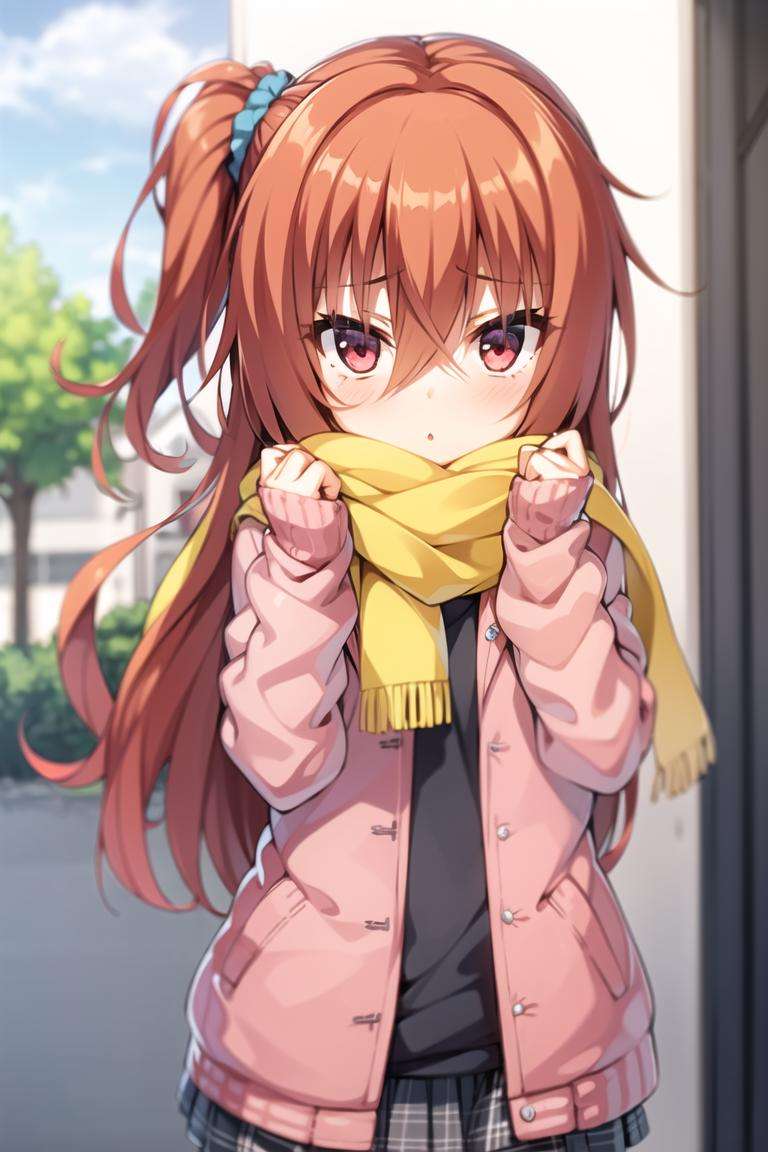 1girl,orange hair, red hair, red eyes, pink eyes, long hair, hair between eyes, scrunchie, very long hair,blue scrunchie, hair scrunchie, one side up, pink jacket, scarf,