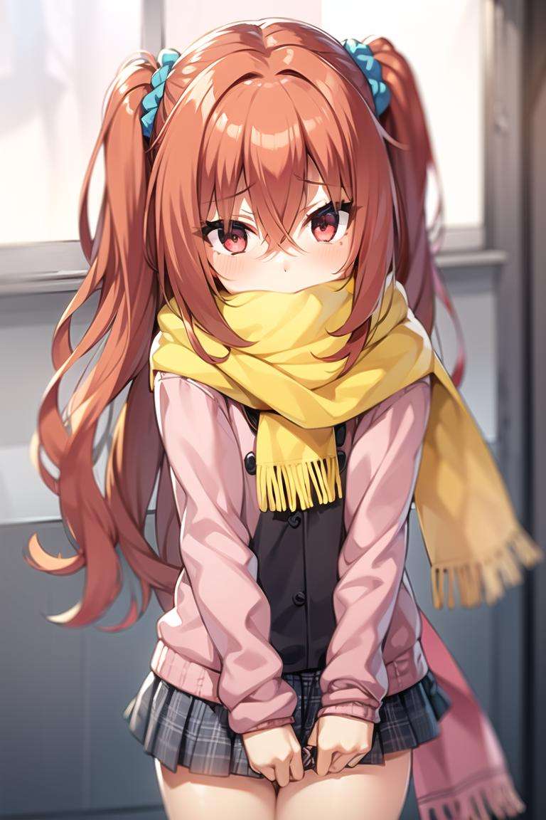 1girl,orange hair, red hair, red eyes, pink eyes, long hair, hair between eyes, scrunchie, very long hair,blue scrunchie, hair scrunchie, one side up, green panties, skirt,yellow scarf, scarf over mouth, 