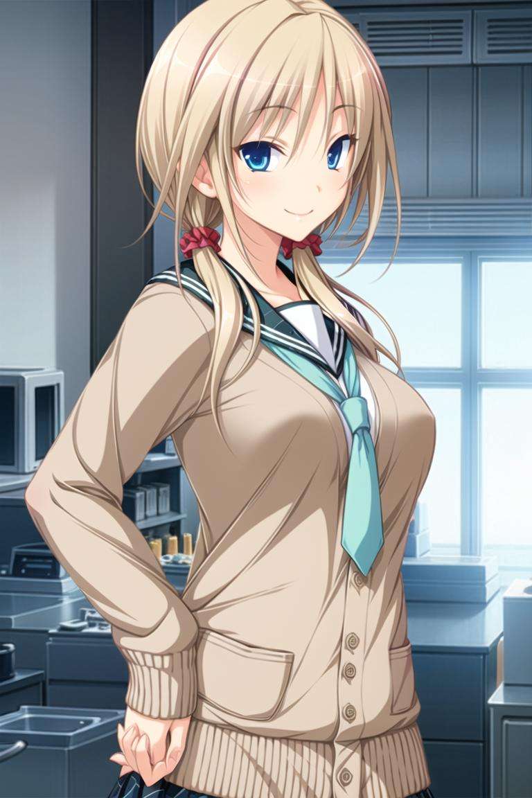 1girl, solo, blue eyes, blonde hair, smile,low twintails, school uniform, 