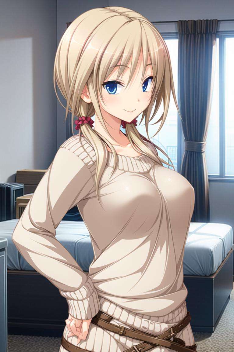 1girl, solo, blue eyes, blonde hair, smile,low twintails, outfit casual,