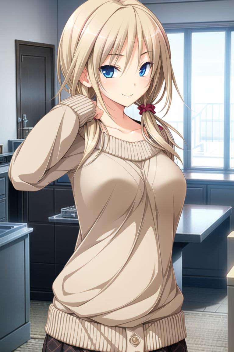 1girl, solo, blue eyes, blonde hair, smile,low twintails, outfit casual,