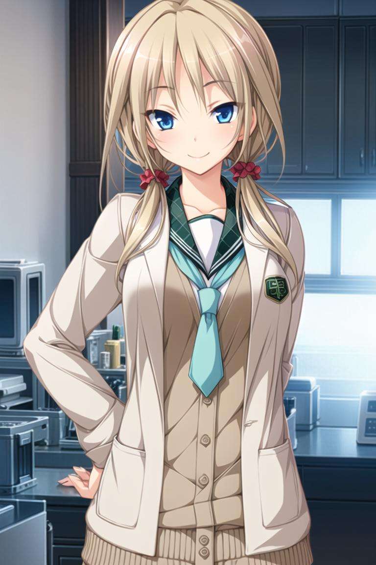 1girl, solo, blue eyes, blonde hair, smile,low twintails, labcoat, school uniform, 