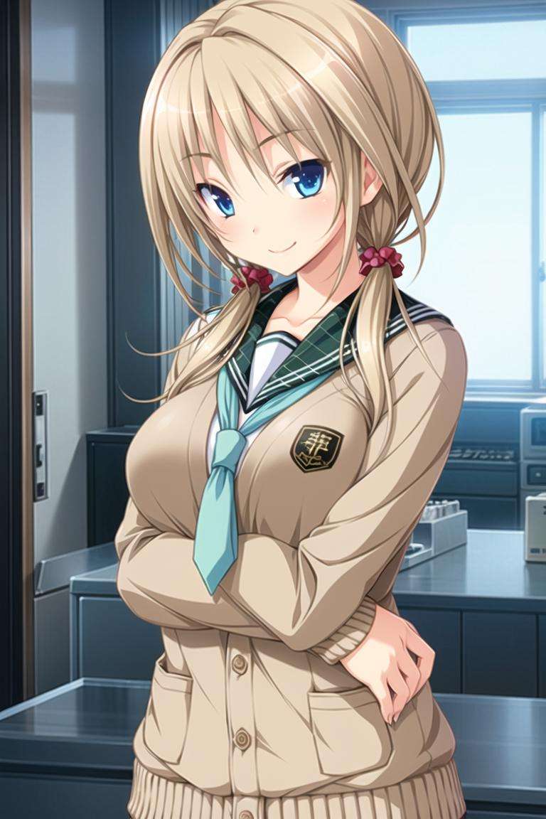 1girl, solo, blue eyes, blonde hair, smile,low twintails, school uniform,  