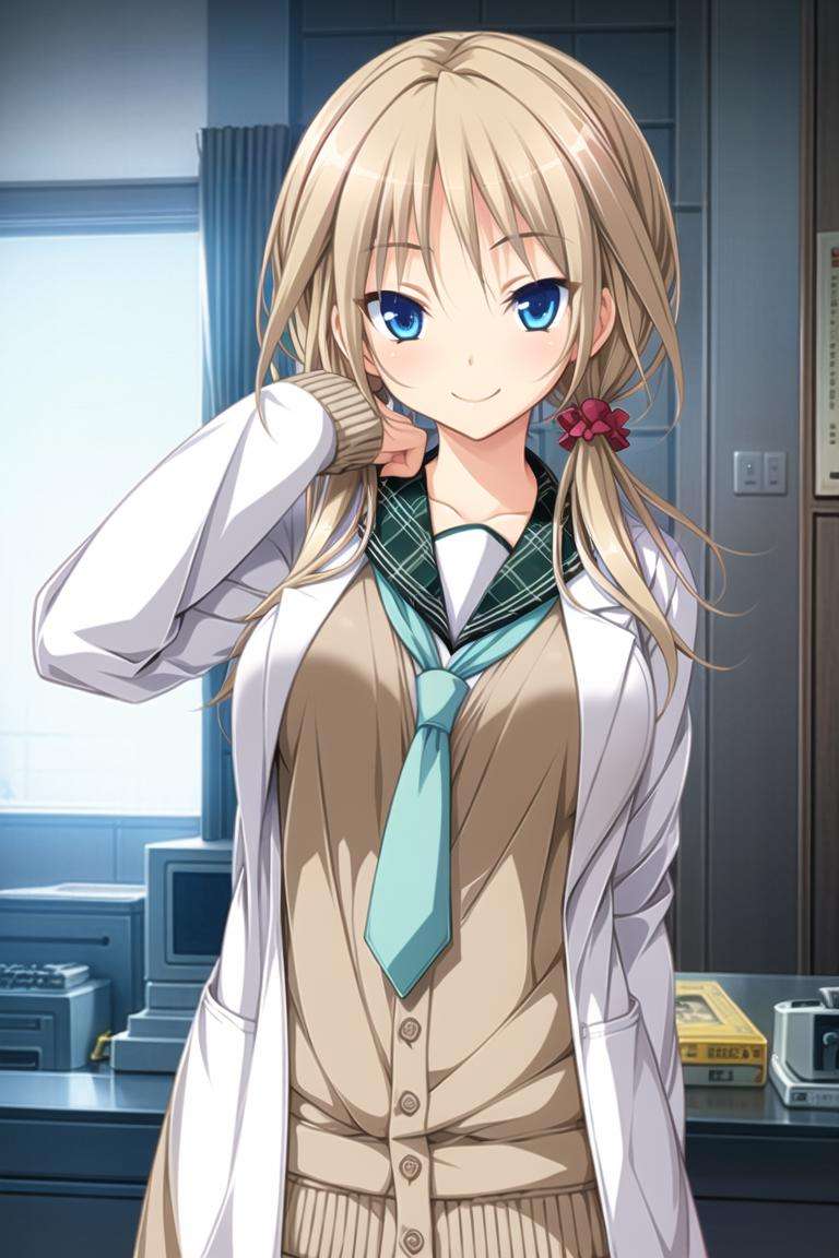 1girl, solo, blue eyes, blonde hair, smile,low twintails, open labcoat, school uniform,