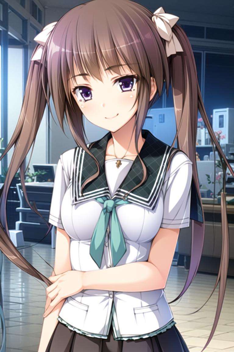 1girl,light brown hair, purple eyes, long hair, twintails, asymmetrical hair, asymmetrical bangs, smile, school uniform, tearing up, 