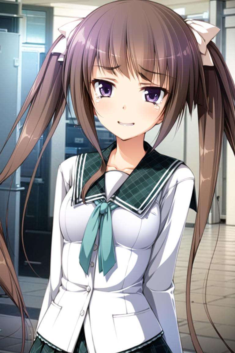 1girl,light brown hair, purple eyes, long hair, twintails, asymmetrical hair, asymmetrical bangs, smile, school uniform, tears, happy tears,streaming tears, 