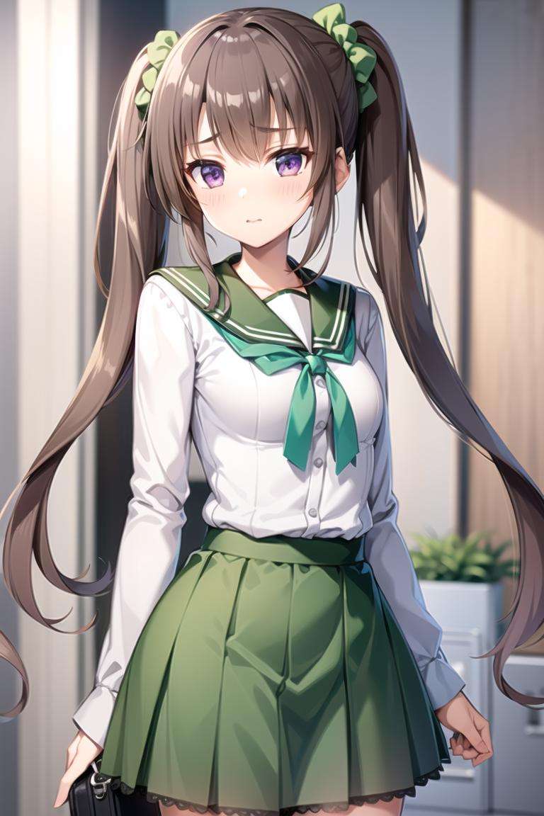 1girl,light brown hair, purple eyes, long hair, twintails, asymmetrical bangs, asymmetrical hair, white scrunchie, hair scrunchie, school uniform, green sailor collar, green skirt, checkered skirt, light green ribbon, frilled shirt, 