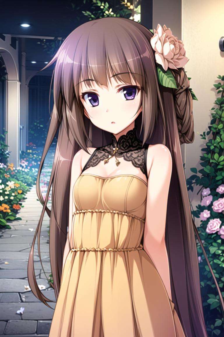 1girl,light brown hair, purple eyes, long hair, yellow dress, hair flower, flower ornament, 