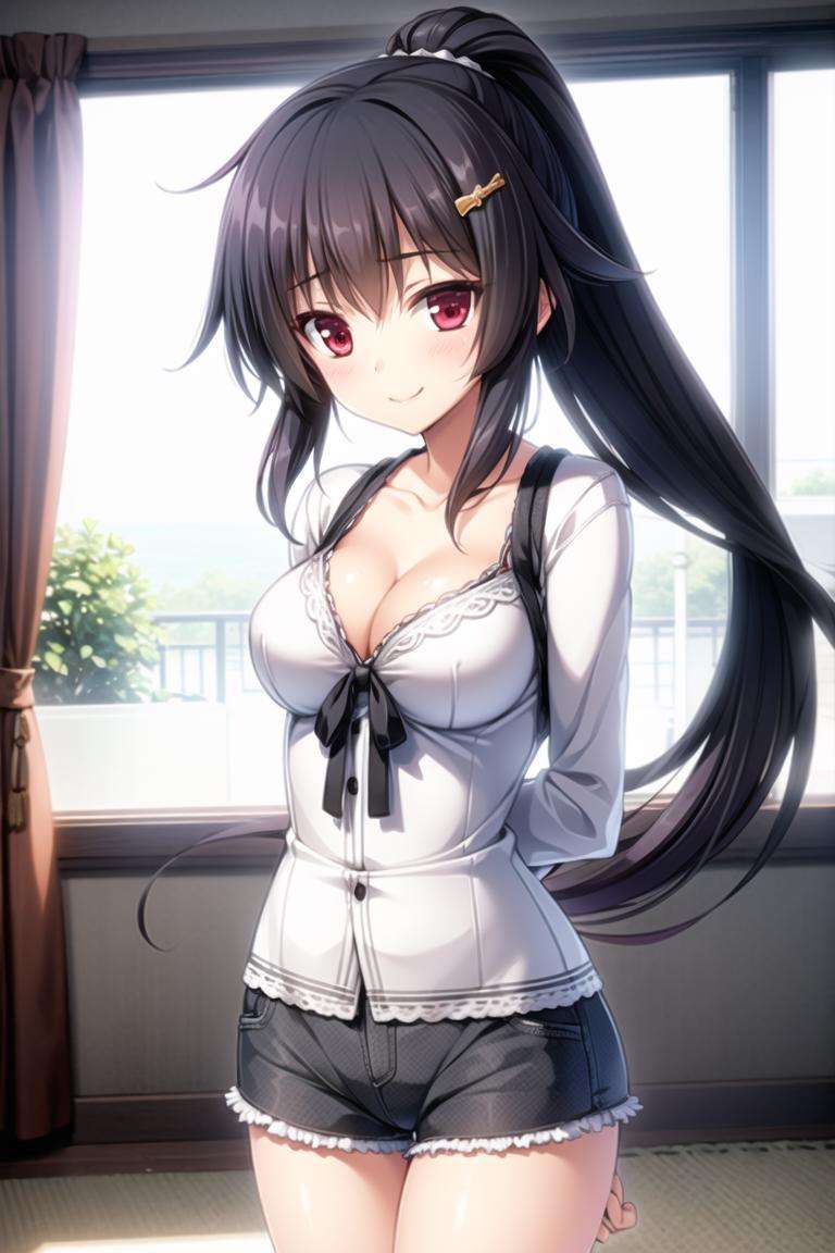 1girl,black hair,red eyes, long hair, hair ornament, ponytail, hairclip, light smile, arms behind back, cleavage, 