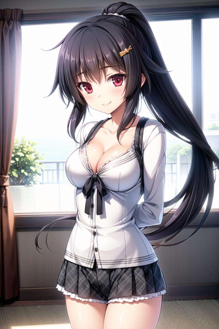 1girl,black hair,red eyes, long hair, hair ornament, ponytail, hairclip, light smile, arms behind back, cleavage, 