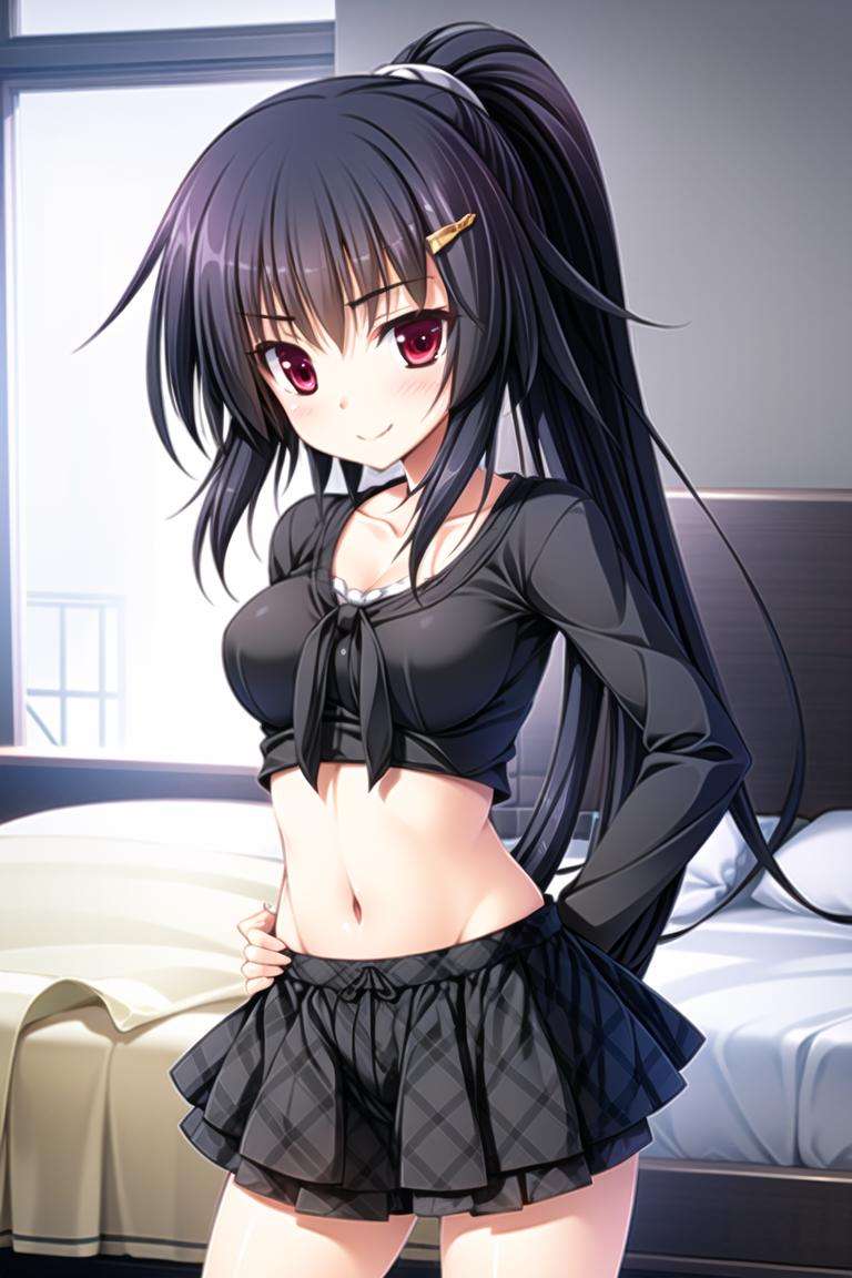 1girl,black hair,red eyes, long hair, hair ornament, ponytail, hairclip, light smile, short miniskirt,  midriff, 