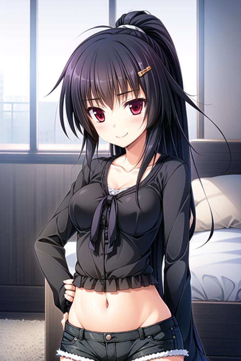 1girl,black hair,red eyes, long hair, hair ornament, ponytail, hairclip, light smile, short shorts, midriff, 