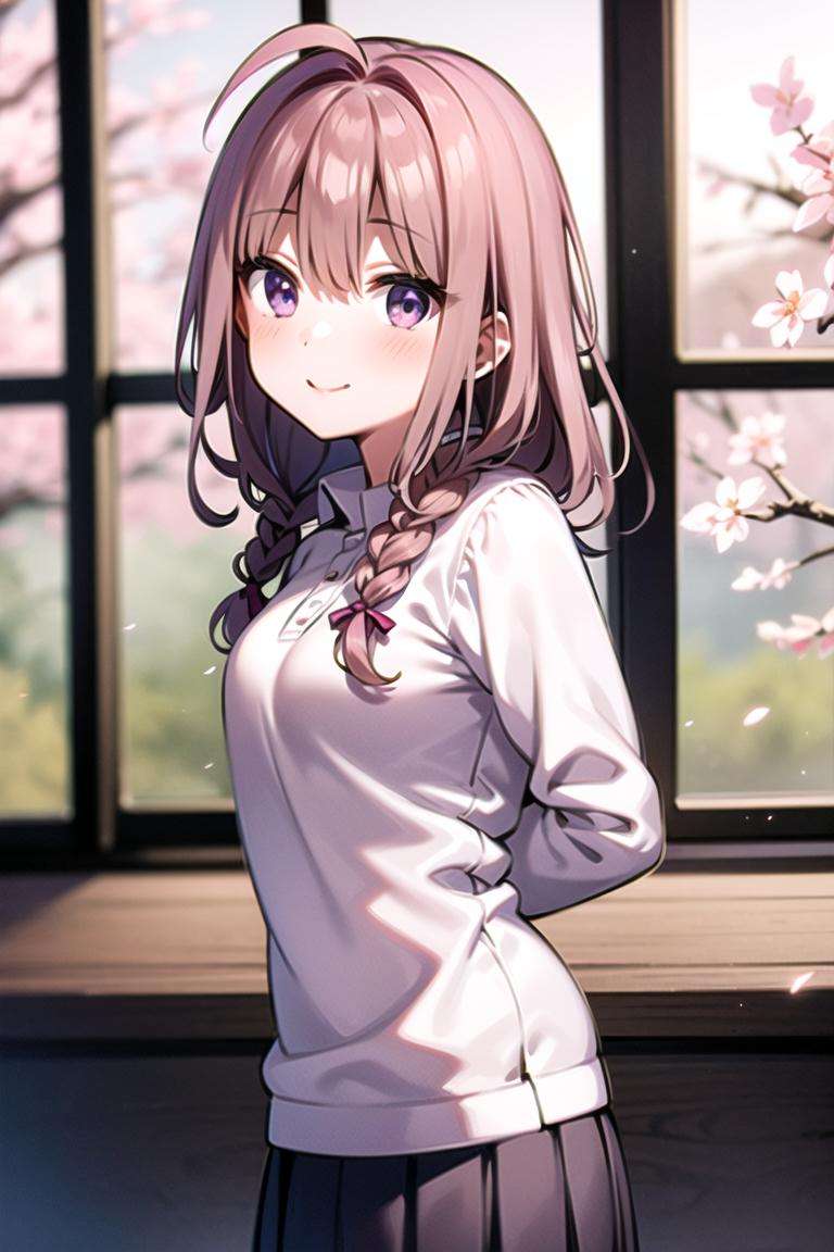 Tsube Hana,1girl, side braid, ahoge,  light brown ,hair pink hair, purple eyes, hair tie, arms behind back,light smile,, classroom, open window, cherry blossoms, river