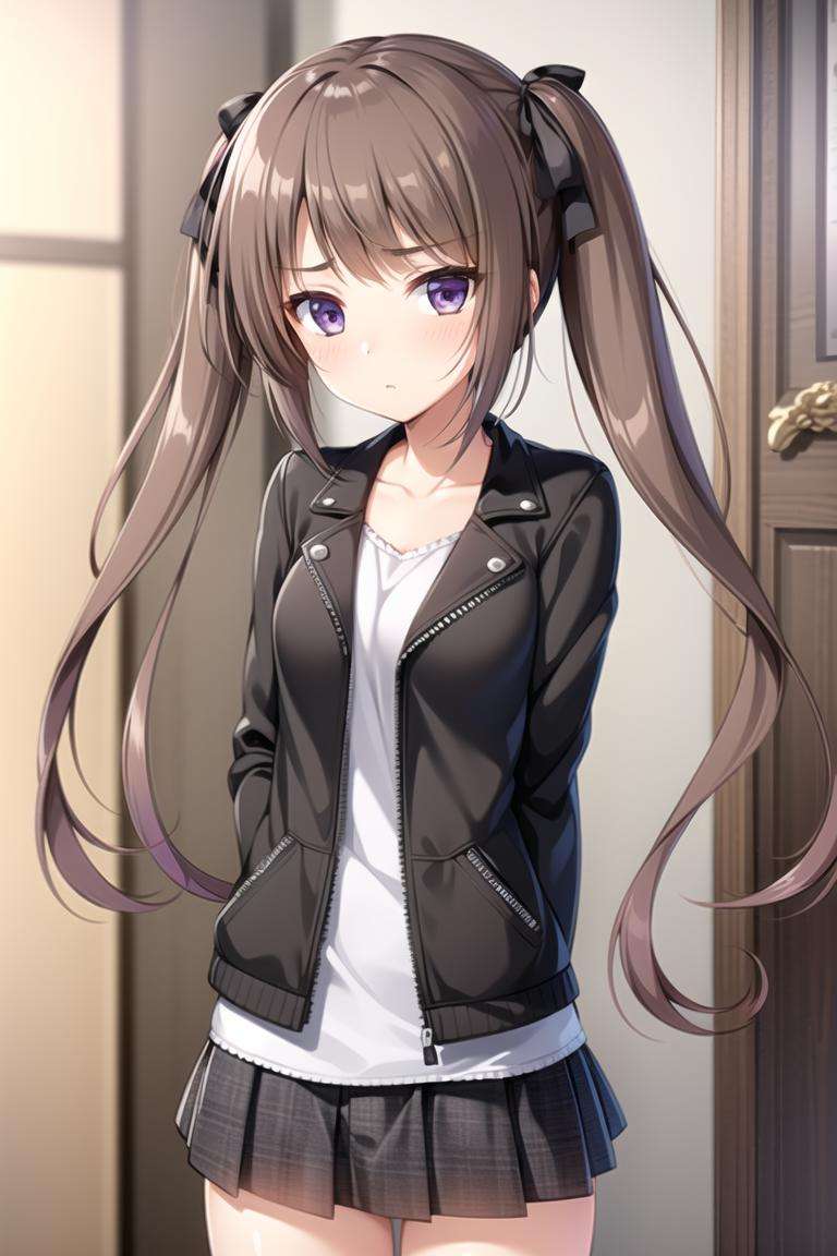 1girl,light brown hair, purple eyes, twintails, asymmetrical hair, asymmetrical bangs, long hair, hair ribbon,black jacket, miniskirt, 