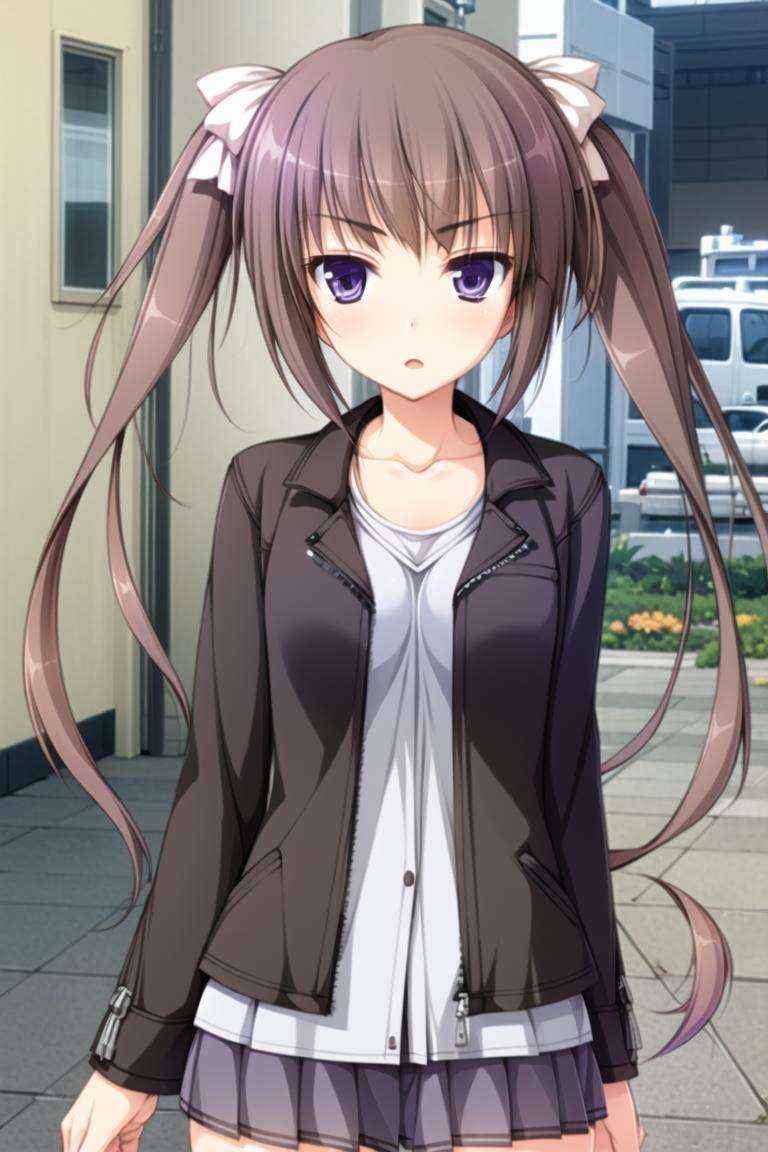 1girl,light brown hair, purple eyes, twintails, asymmetrical hair, asymmetrical bangs, long hair, hair ribbon,black jacket, miniskirt,