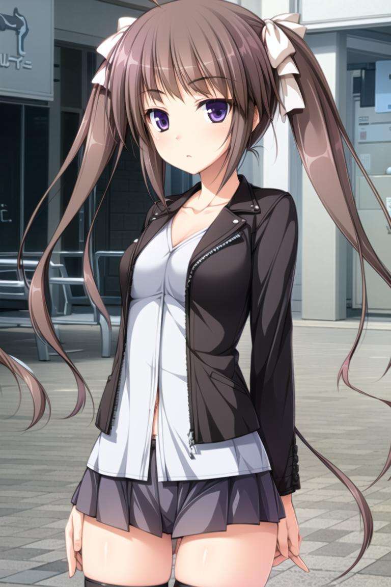 1girl,light brown hair, purple eyes, twintails, asymmetrical hair, asymmetrical bangs, long hair, hair ribbon,black jacket, miniskirt,