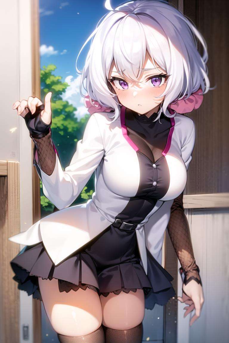 1girl,white hair, purple eyes, low twintails, hair scrunchie, 