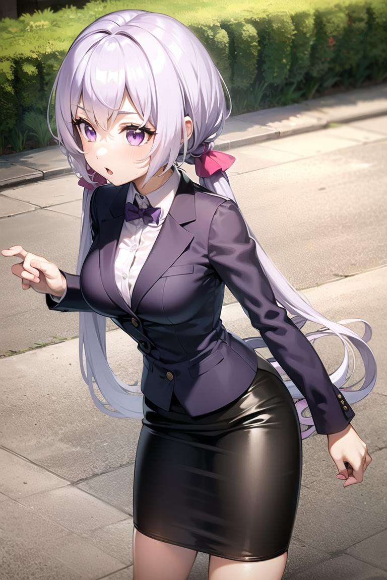 1girl,white hair, light purple hair,  purple eyes, low twintails, twintails, very long hair, business casual, pencil skirt, 