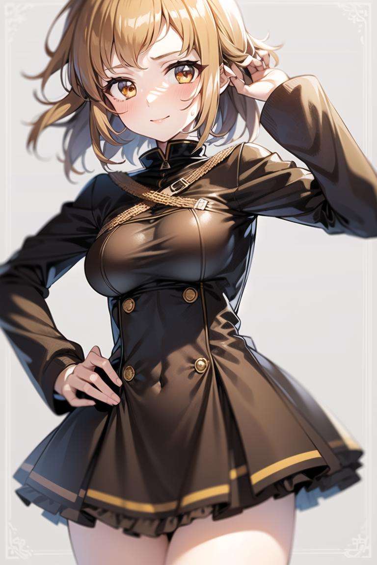 1girl,light brown hair, orange eyes,brown eyes,  short hair, bangs, sidelocks, wavy hair, messy hair, asymmetrical bangs, hairclip, frilled dress, 