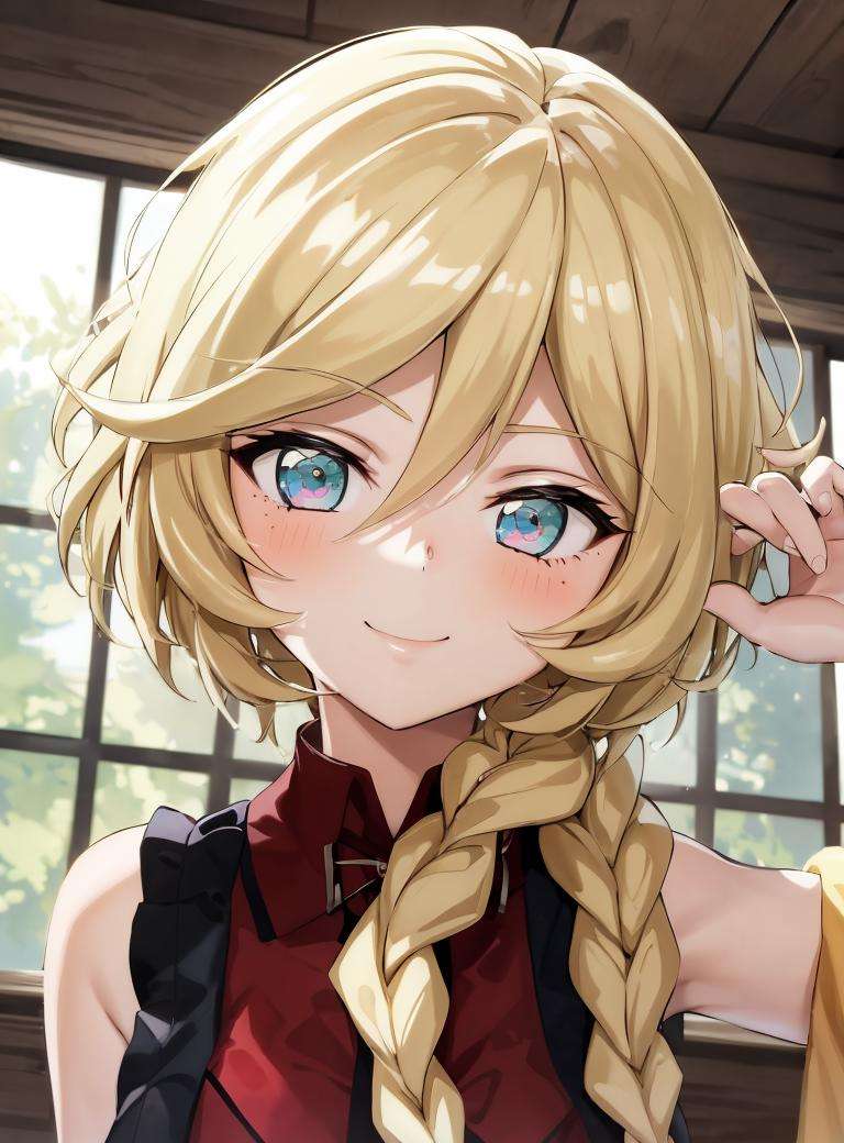 1girl, blonde hair, absurdly long braided ponytail, red dress, window, upper body,  portrait, light smile,