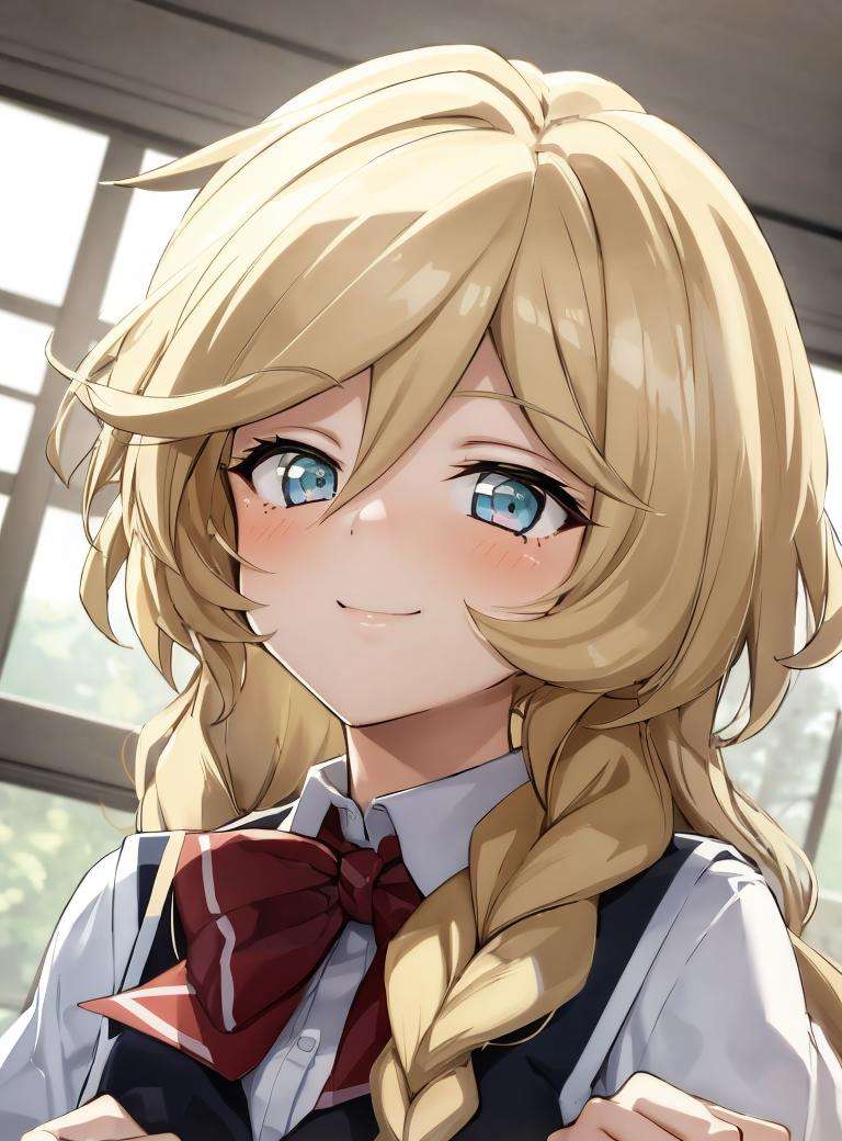 1girl, blonde hair, absurdly long braided ponytail, school uniform, window, upper body,  portrait, light smile,