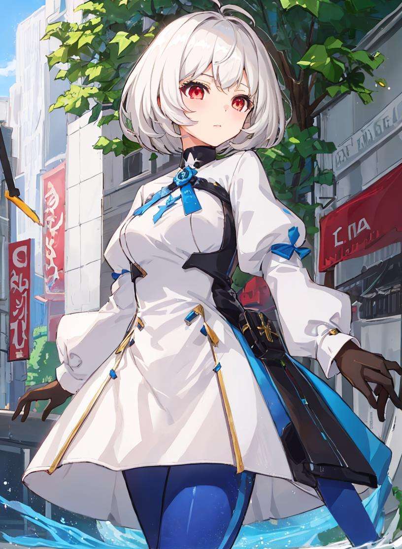 1girl,white hair, red eyes, short hair, white and blue dress, long sleeves, puffy sleeves, gloves, semi realistic, blue leggings, 