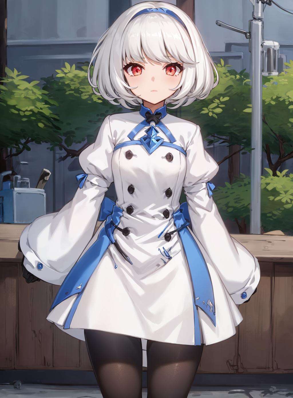 1girl,white hair, red eyes, short hair, white and blue dress, gradient leggings, standing, long sleeves, puffy sleeves, gloves, semi realistic 