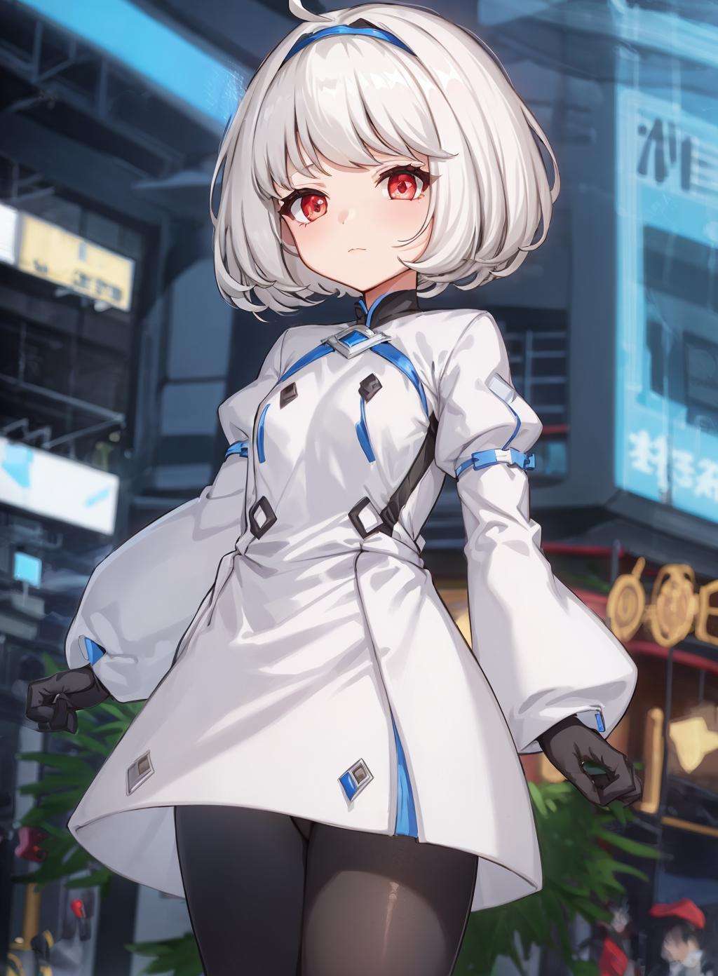 1girl,white hair, red eyes, short hair, white and blue dress, gradient leggings, standing, long sleeves, puffy sleeves, gloves, 