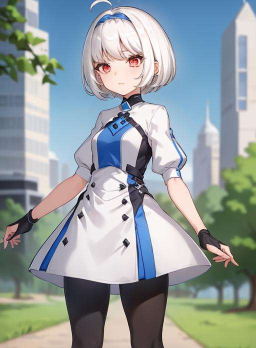 1girl,white hair, red eyes, short hair, white and blue dress, gradient leggings, standing, 