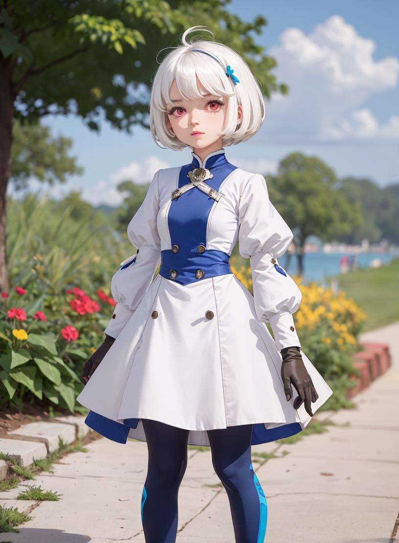 1girl,white hair, red eyes, short hair, white and blue dress, long sleeves, puffy sleeves, gloves, blue leggings, young girl