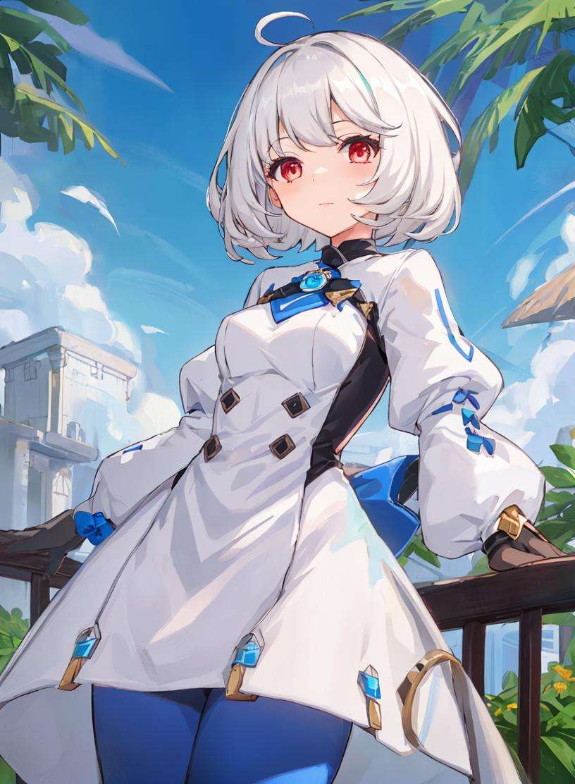 1girl,white hair, red eyes, short hair, white and blue dress, long sleeves, puffy sleeves, gloves, semi realistic, blue leggings, 