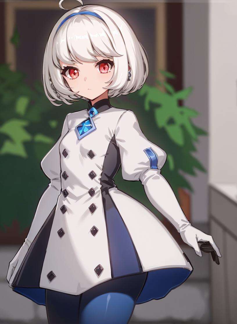 1girl,white hair, red eyes, short hair, white and blue dress, long sleeves, puffy sleeves, gloves, semi realistic, blue leggings, 