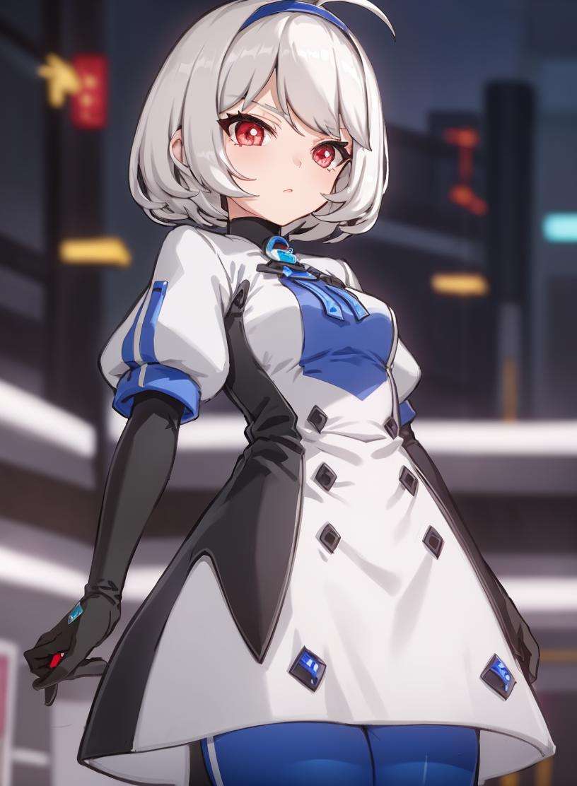 1girl,white hair, red eyes, short hair, white and blue dress, long sleeves, puffy sleeves, gloves, semi realistic, blue leggings, 