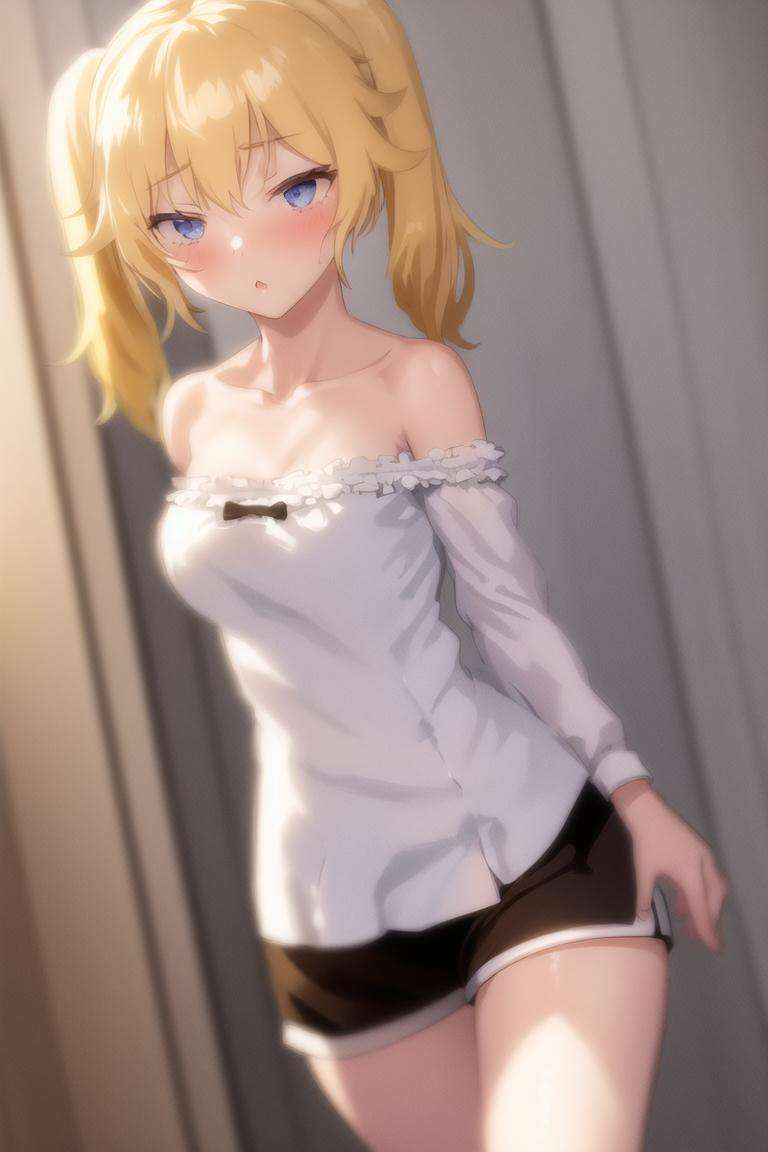 1girl, blonde hair, twintails, micro shorts, 