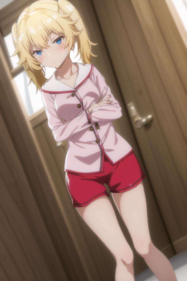 1girl, blonde hair, twintails, micro shorts, pajamas, 