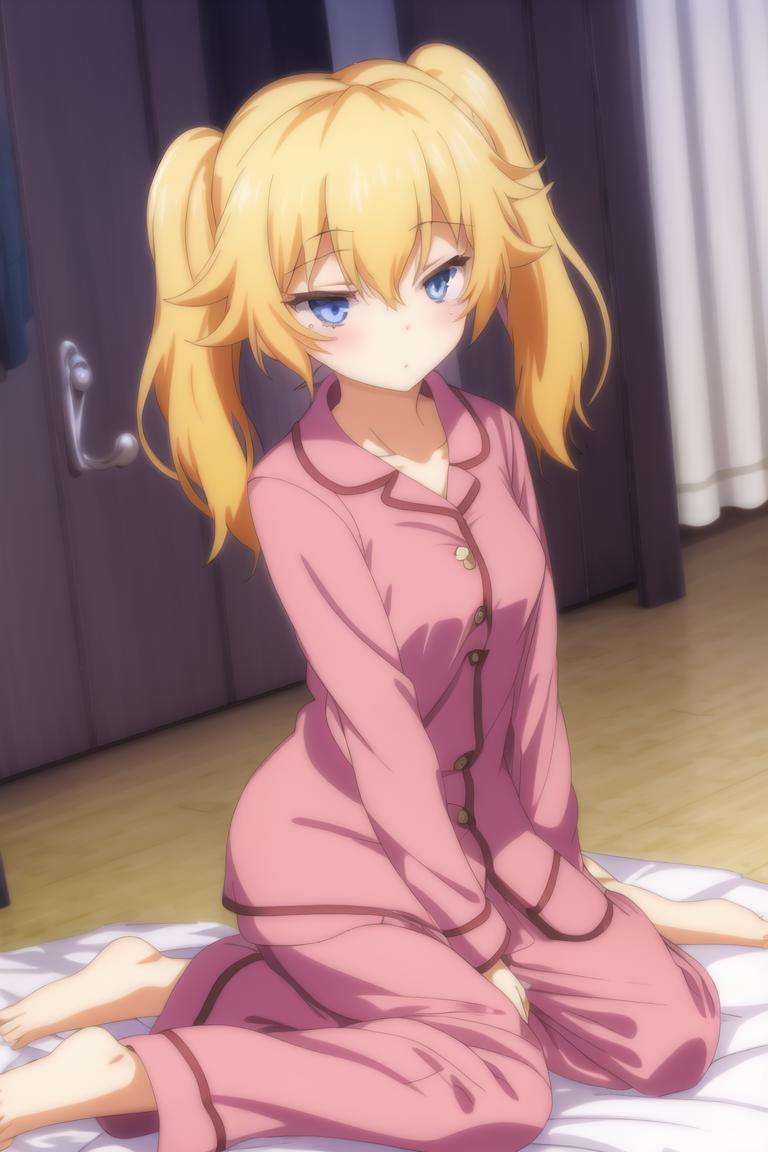 1girl, blonde hair, twintails, pajamas, 