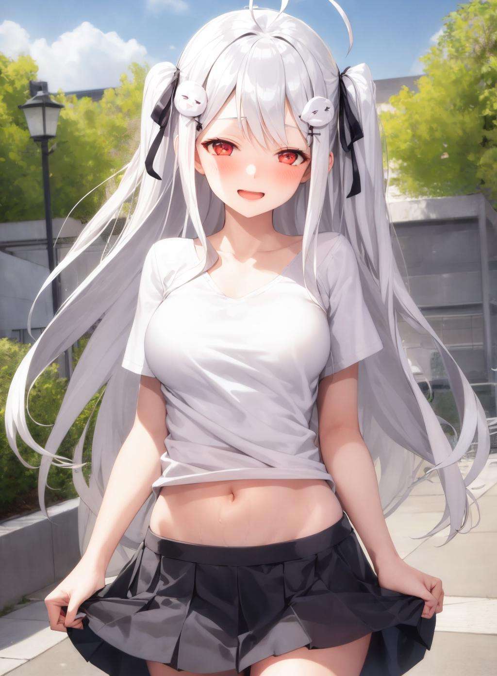 1girl, skirt, long hair, ribbon, two side up, hair ribbon, open mouth, outdoors, hair ornament, black ribbon, solo, white hair, ahoge, navel, breasts, blush, short sleeves, very long hair, shirt, bangs, smile, facing viewer, 