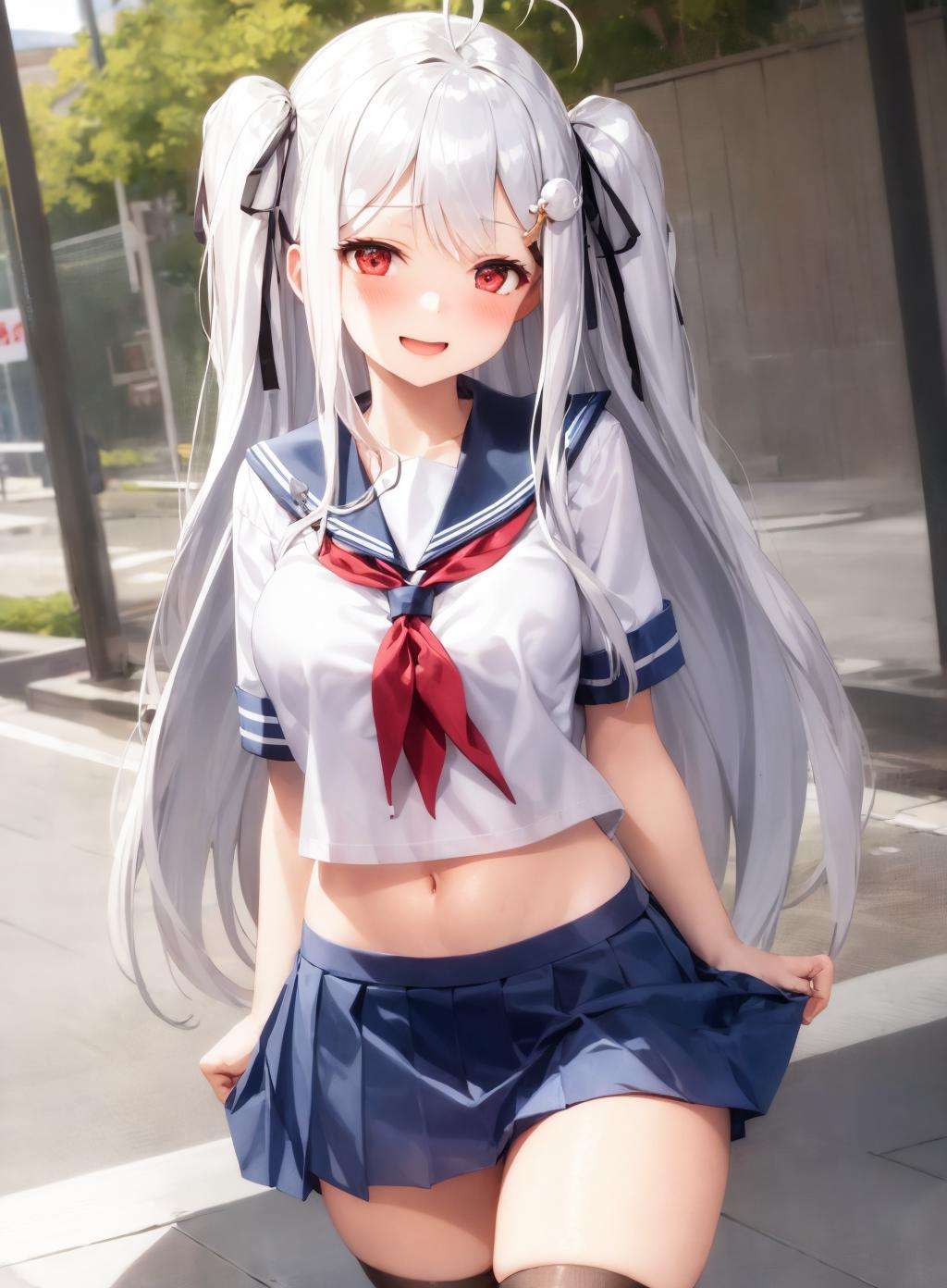 1girl, skirt, school uniform, serafuku, long hair, ribbon, two side up, hair ribbon, open mouth, outdoors, hair ornament, black ribbon, solo, blue skirt, white hair, ahoge, navel, white shirt, pleated skirt, breasts, blush, short sleeves, very long hair, neckerchief, shirt, bangs, smile, red neckerchief, facing viewer, 