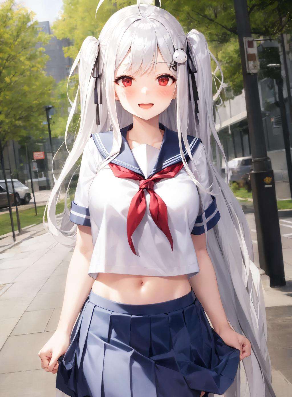 1girl, skirt, school uniform, serafuku, long hair, ribbon, two side up, hair ribbon, open mouth, outdoors, hair ornament, black ribbon, solo, blue skirt, white hair, ahoge, navel, white shirt, pleated skirt, breasts, blush, short sleeves, very long hair, neckerchief, shirt, bangs, smile, red neckerchief, facing viewer, 