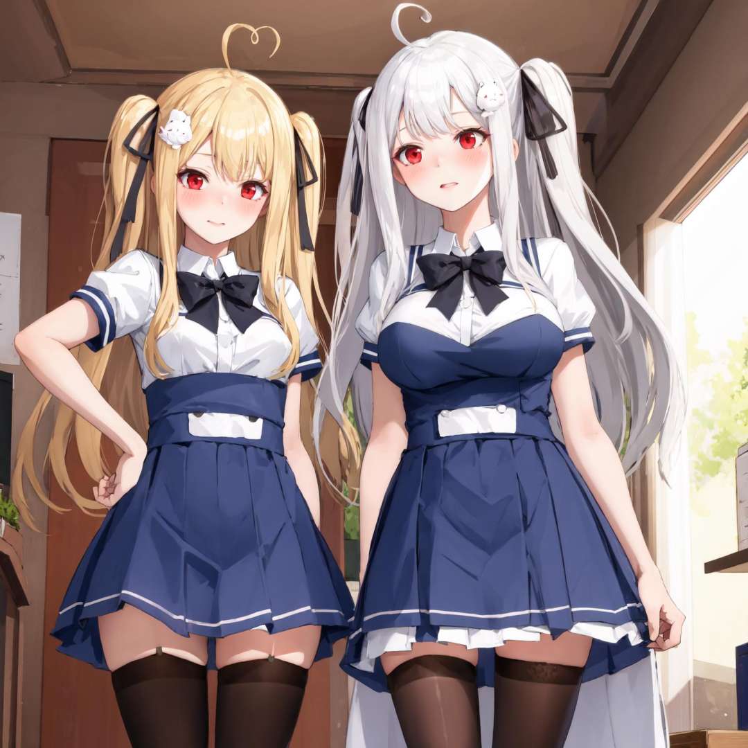 2girls, indoors, ADDBASE,blonde hair, long hair, ribbon, red eyes, two side up, hair ribbon, hair ornament, black ribbon, ahoge, (small breasts), blush, very long hair, bangs, ADDCOL,white hair, long hair, ribbon, red eyes, two side up, hair ribbon, hair ornament, black ribbon, ahoge, (large breasts), blush, very long hair, bangs, ADDROW,