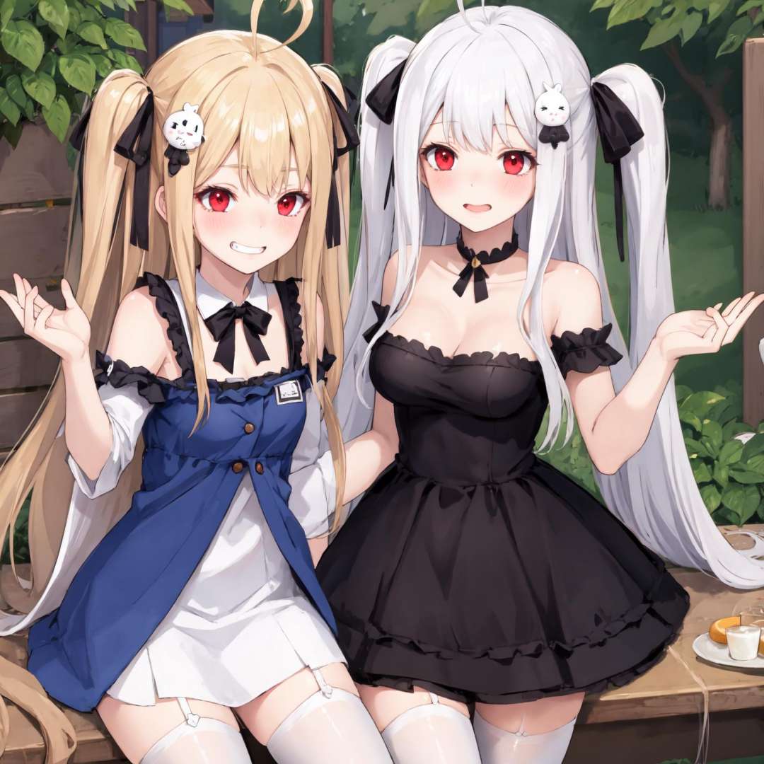 2girls, outdoors, cityscape, ADDBASE,blonde hair, long hair, ribbon, red eyes, two side up, hair ribbon, hair ornament, black ribbon, ahoge, (small breasts), blush, very long hair, bangs, evil grin, ADDCOL,white hair, long hair, ribbon, red eyes, two side up, hair ribbon, hair ornament, black ribbon, ahoge, (large breasts), blush, very long hair, bangs, ADDROW,