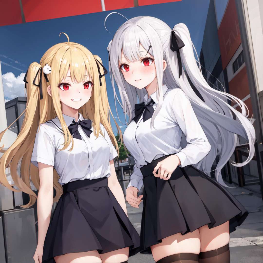 2girls, outdoors, cityscape, ADDBASE,blonde hair, long hair, ribbon, red eyes, two side up, hair ribbon, hair ornament, black ribbon, ahoge, (small breasts), school uniform, very long hair, bangs, evil grin, ADDCOL,white hair, long hair, ribbon, red eyes, two side up, hair ribbon, hair ornament, black ribbon, ahoge, (large breasts), blush, school uniform,  very long hair, bangs, ADDROW,