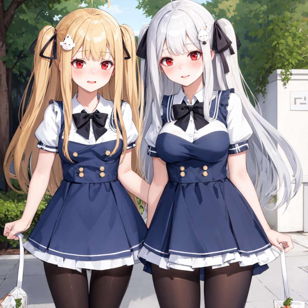 2girls, outdoors, cityscape, ADDBASE,blonde hair, long hair, ribbon, red eyes, two side up, hair ribbon, hair ornament, black ribbon, ahoge, (small breasts), blush, very long hair, bangs, ADDCOL,white hair, long hair, ribbon, red eyes, two side up, hair ribbon, hair ornament, black ribbon, ahoge, (large breasts), blush, very long hair, bangs, ADDROW,