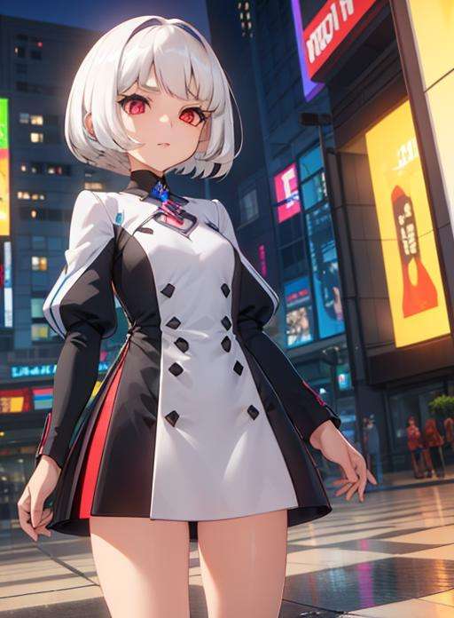 1girl, white hair, bob cut, red eyes,