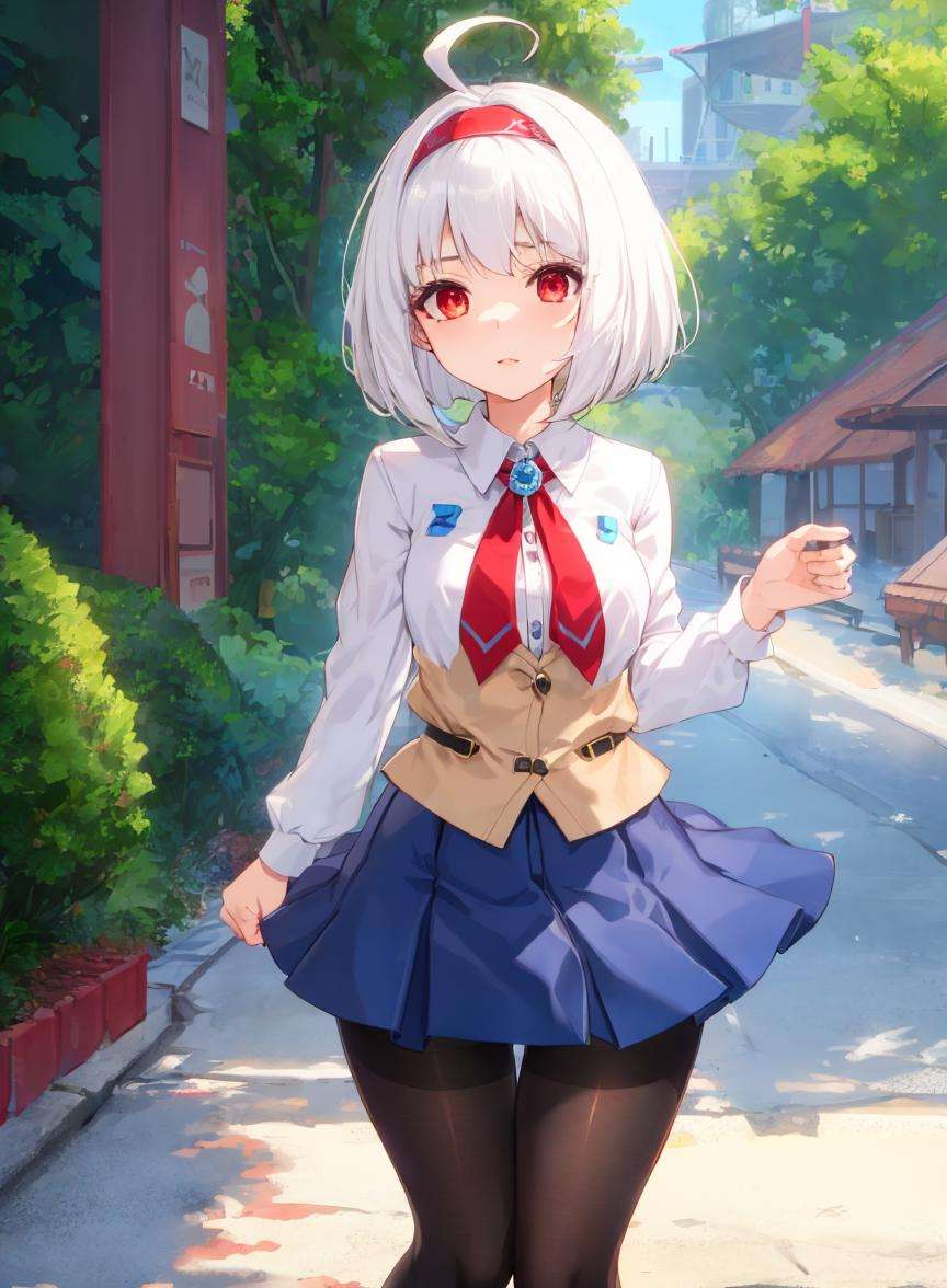 1girl,ahoge, android, white hair, blue headband, bob cut, red eyes, white shirt, BREAK, short skirt, pantyhose, blue pantyhose, black pantyhose, gradient legwear