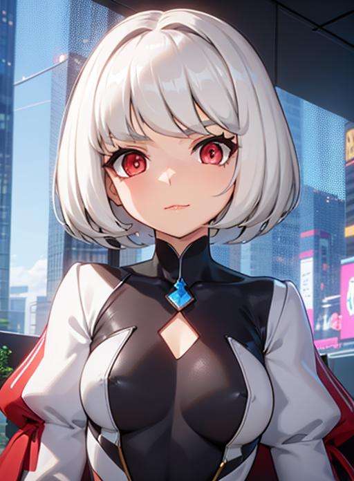 1girl, white hair, bob cut, red eyes,