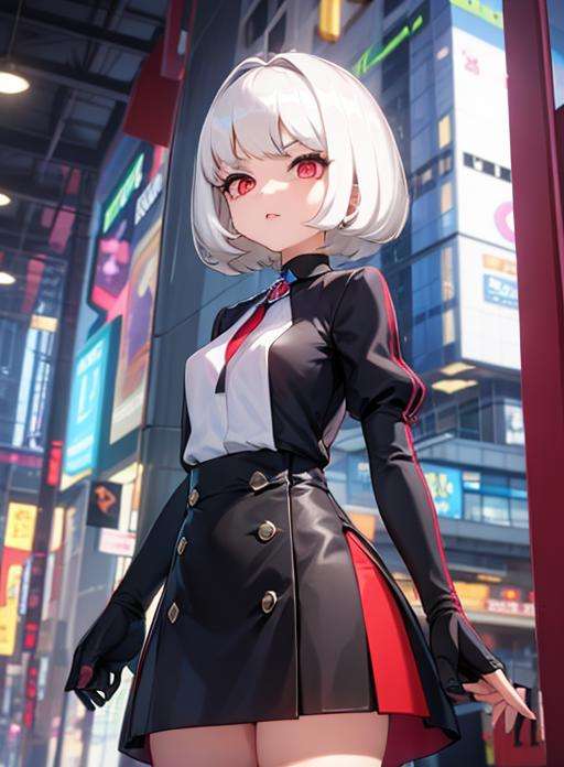 1girl, white hair, bob cut, red eyes,