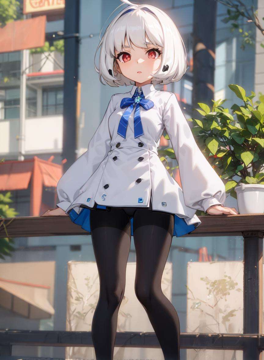 1girl,ahoge, android, white hair, bob cut, red eyes, white shirt, BREAK, short skirt, pantyhose, blue pantyhose, black pantyhose, gradient legwear