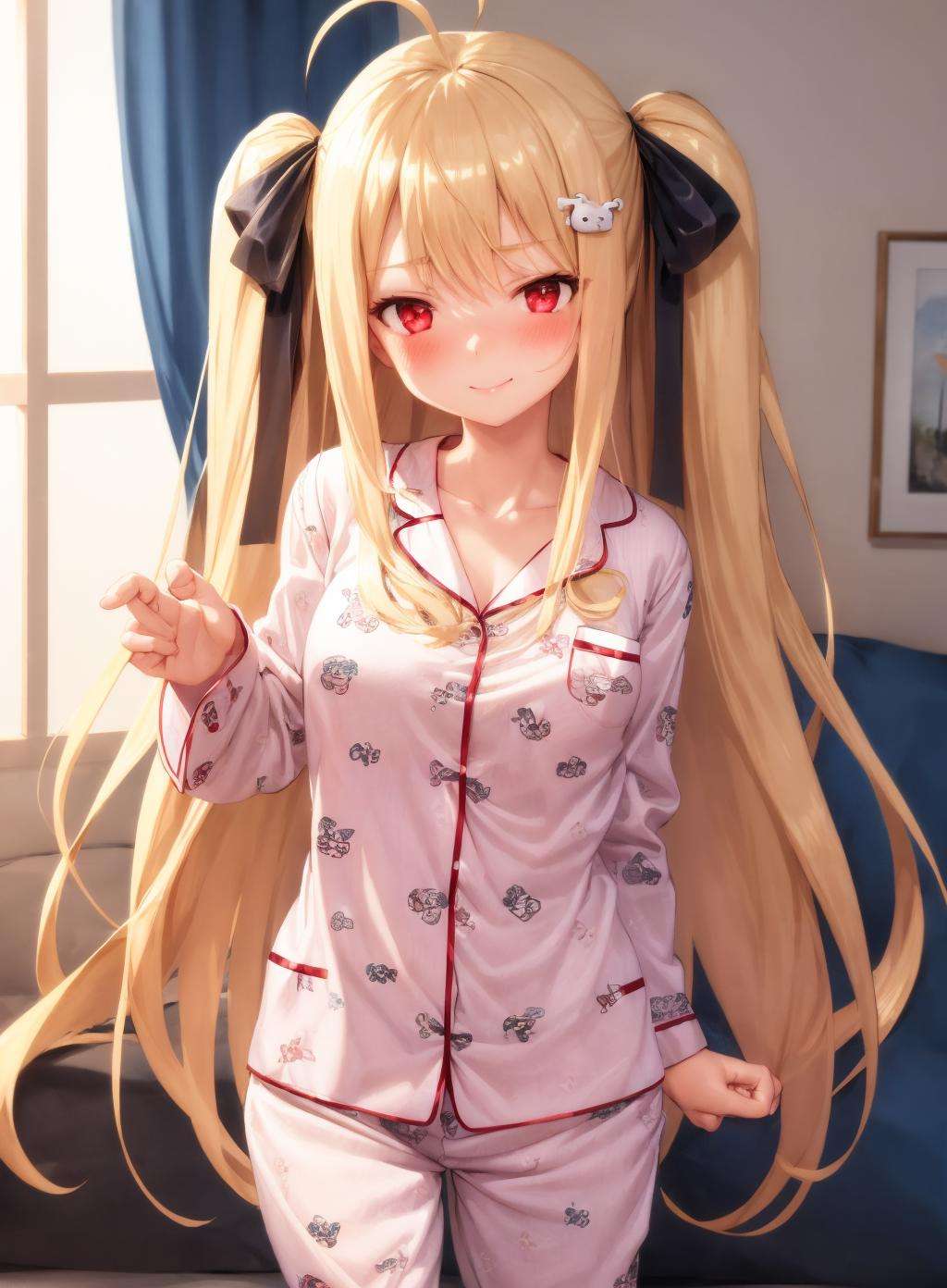 1girl, blond hair, long hair, ribbon, red eyes, two side up, hair ribbon, hair ornament, black ribbon, ahoge, medium breasts, blush, very long hair, bangs, (pajamas:1.4), indoors, 