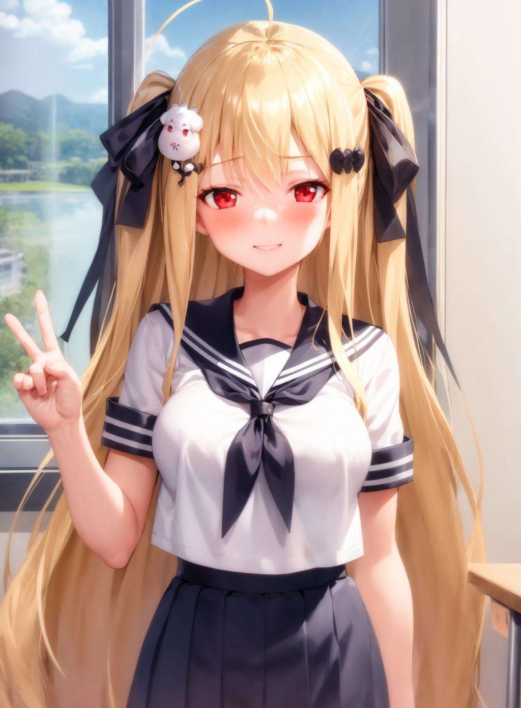 1girl, blonde hair, long hair, ribbon, red eyes, two side up, hair ribbon, hair ornament, black ribbon, ahoge, medium breasts, blush, very long hair, bangs, serafuku, school uniform,, classroom, open window, cherry blossoms, river